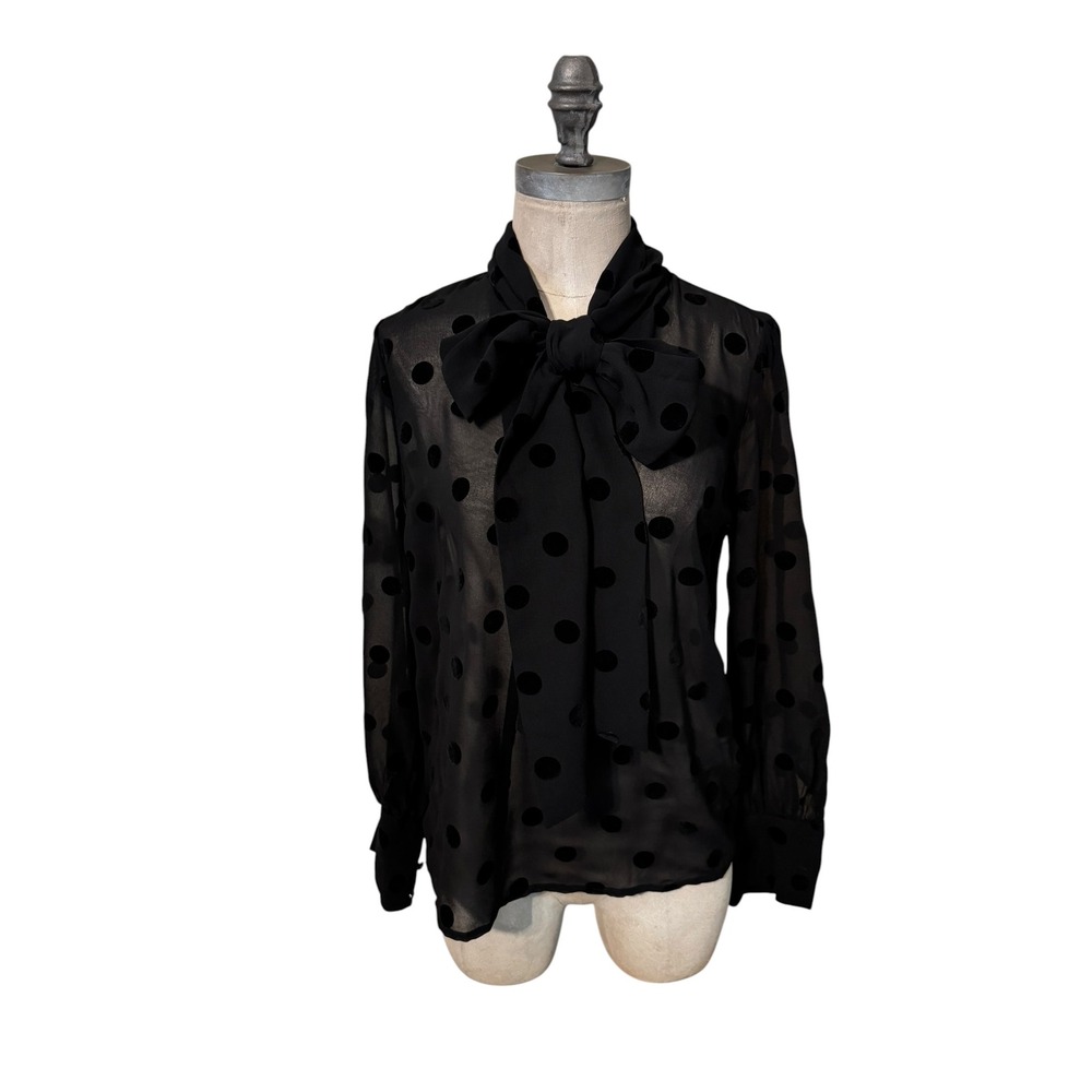 Forever 21 Blouse Sz XS Vintage Inspired Romantic Black Polka Dots Sheer Fabric